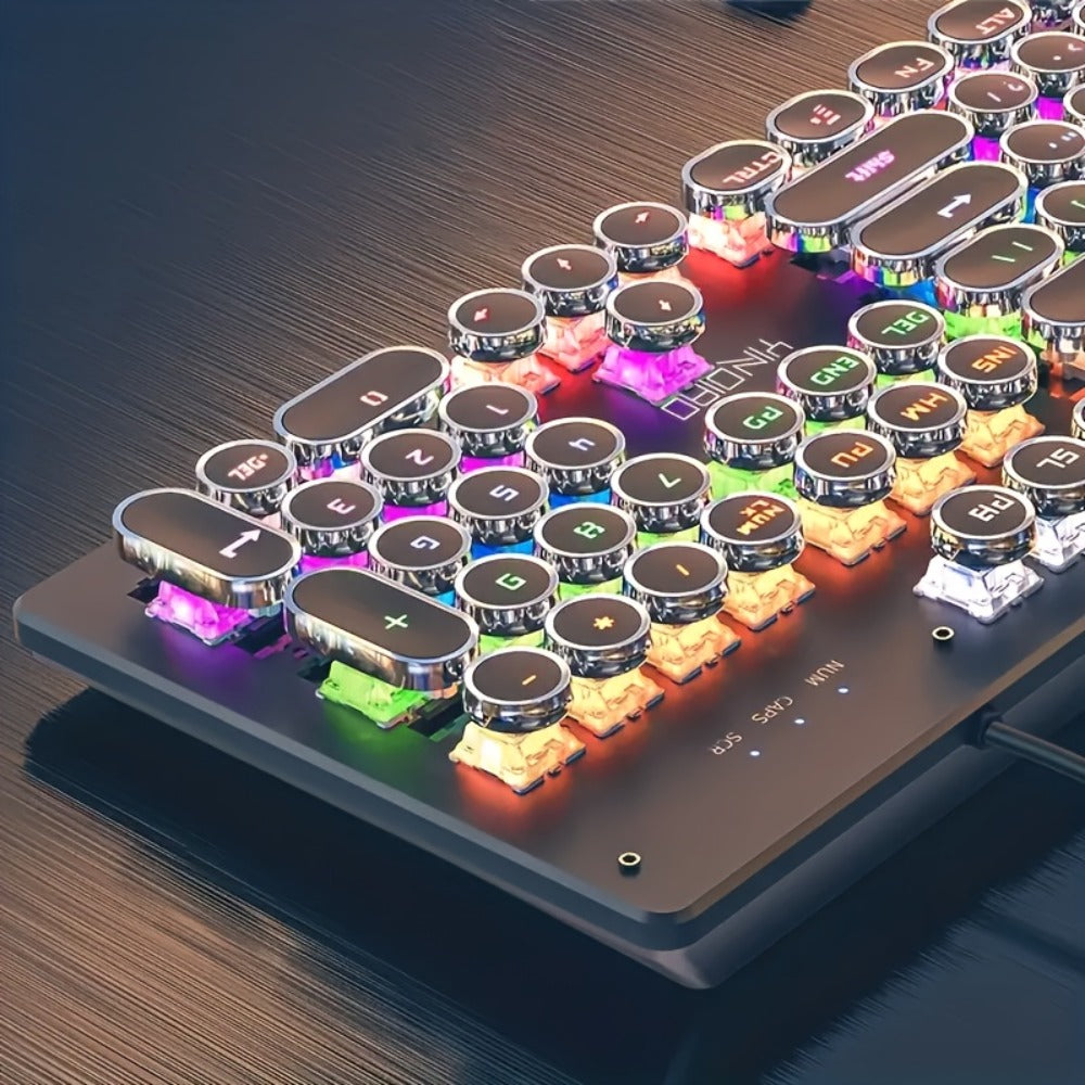 Typewriter Mechanical Keyboard with Green Switches – Retro Punk Style RGB Backlit Wired Gaming & Office Keyboard with Volume Knob, Compatible with PC Laptop Mac – Unique Gift for Her & Him