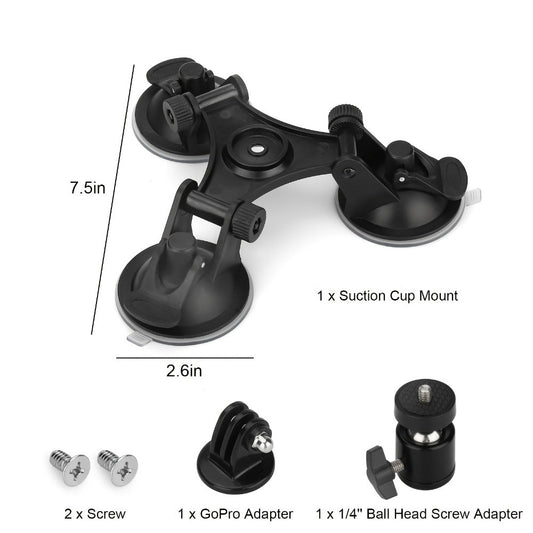 Suction Cup Camera Mount with 3 Bases, 360° Ball Head & Quick Release Plate, Black