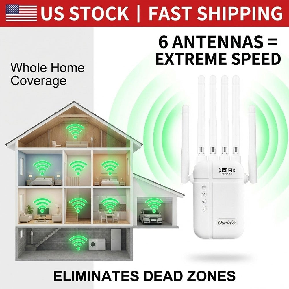 WiFi Booster 1800Mbps 10000 Sq Ft 6-Antenna 360° - Covers 50 Devices, Ethernet Port, One-Click WPS Setup, Advanced Signal Amplifier for Large Home Office Basement Garage Backyard