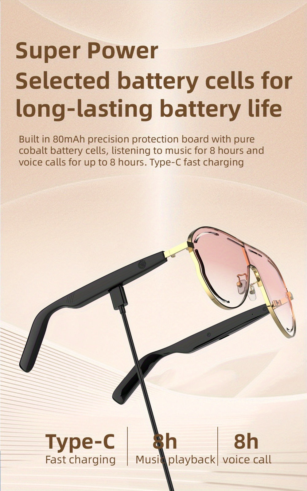 Stereo Smart Audio Glasses Touch Control Intelligent Noise Reduction Type-C Rechargeable Ultra-Long Standby Clear Calls Fashionable Wireless Eyewear for Travel Daily Use Unisex