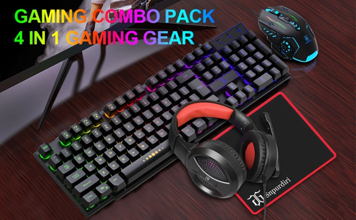 Gaming Keyboard and Mouse Combo 4-in-1 Wired Gaming Set with Headset Mouse Pad for PC Xbox PS4 Desktop Laptop RGB Bundle All-in-One Gaming Peripheral Kit for Beginners Black