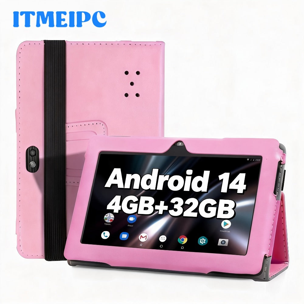 7 Inch Android 14 Tablet for Kids & Beginners – Quad-Core, 4GB RAM, 32GB ROM, HD IPS Display, Dual Camera, WiFi, USB-C, Built-in Case, Lightweight Portable Design, Perfect Gift for Children & Seniors