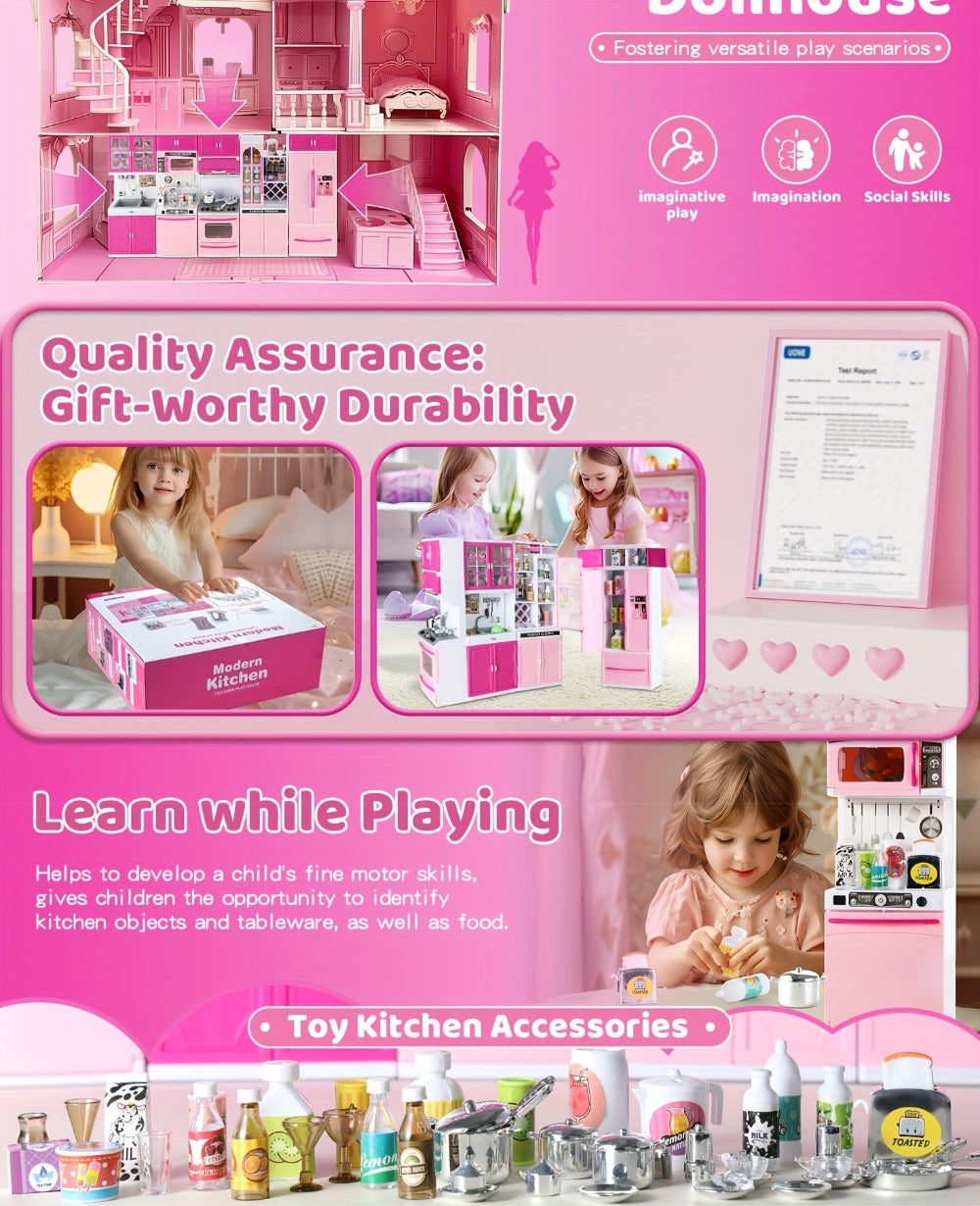 Pink Mini Kitchen Toy Set, 64-Piece Pretend Play with Lights and Sounds