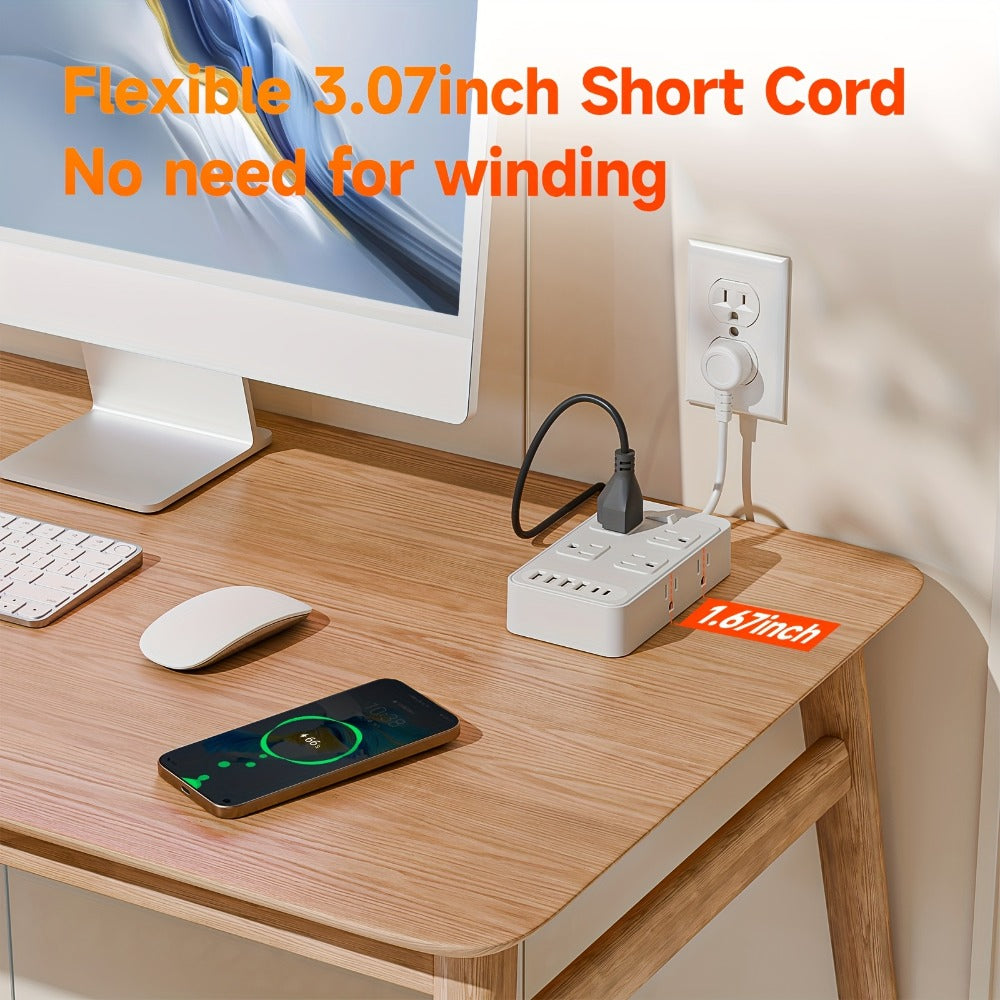 One-Touch Switch Desk Charging Station 14-in-1, 8 Widely Distributed AC Outlets & 6 USB Ports (4 USB-A + 2 USB-C), Surge Protection, Compact Portable Power Strip for Home Office Desktop – Safe & Organized