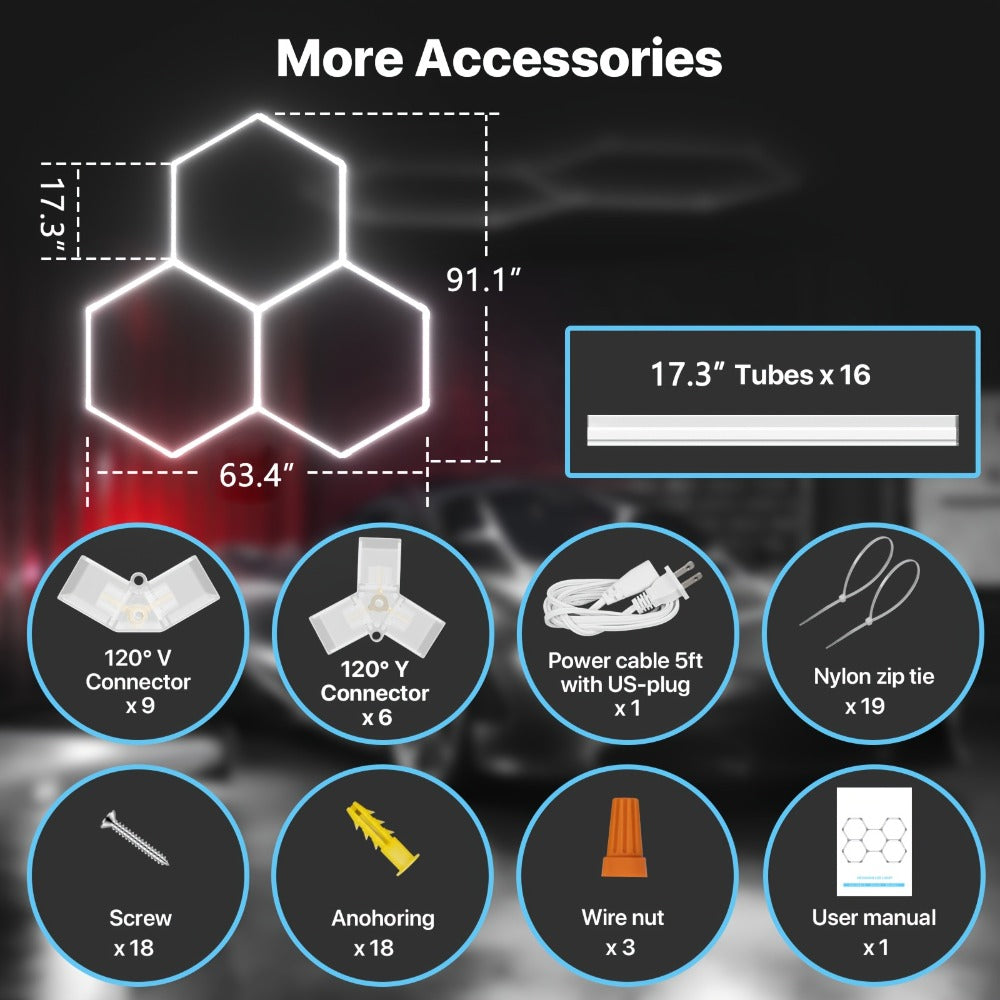 LED Hexagonal Garage Light 6500K – Super Bright Daylight White Shop Light 42W–620W for Auto Detailing, Warehouse, Workshop, Basement & Gym (1 to 32 Grids, Hex Frame Available)