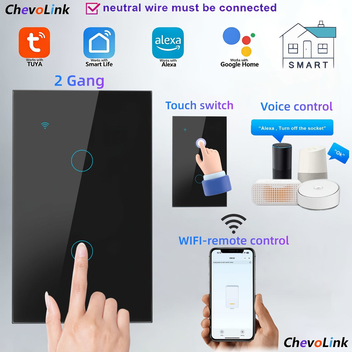 Black Tempered Glass WiFi Smart Light Switch 1/2/3/4 Gang – US Standard, Works with Alexa & Google Home, Tuya App, Smart Scenes, Timer, Voice & App Control, Neutral Wire Required, 100-240V