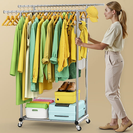 Rolling Clothes Rack with Double Rods, Shelves and Side Hooks, White Metal Frame