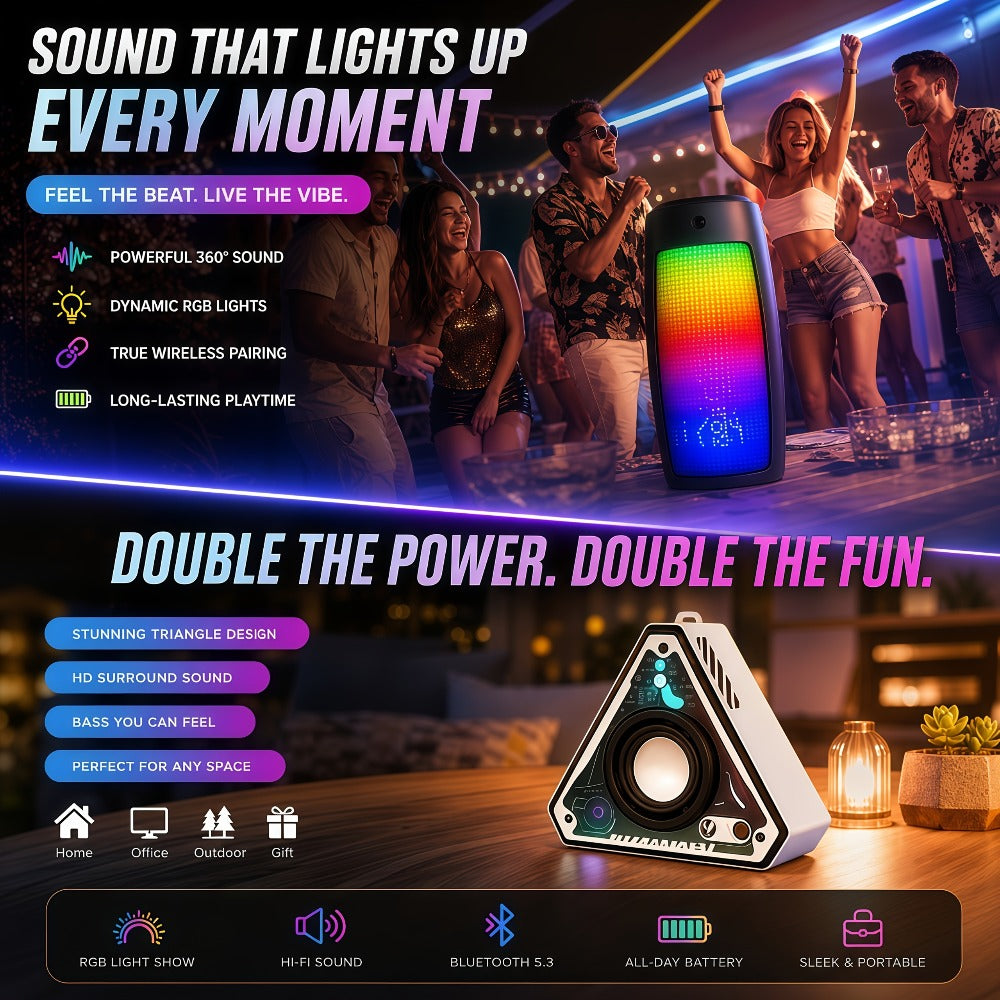 Triangular Portable Bluetooth Speaker Outdoor Wireless Rechargeable Stereo Subwoofer with HD Sound, Multi-Style Cinema Audio System for Camping Travel Home Party Use