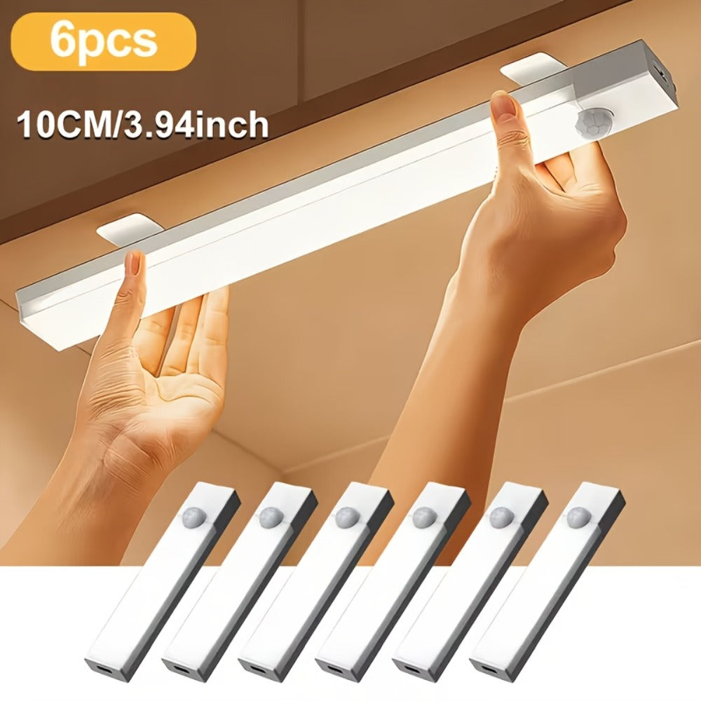 Rechargeable Motion Sensor LED Night Light 6 Pack - 400mAh USB, 3 Brightness Levels, Wireless Stick-On Bar for Cabinet, Stair, Bedroom, Kitchen & Hallway (3.94" / 7.87" / 11.8", 3 or 6 Pack)
