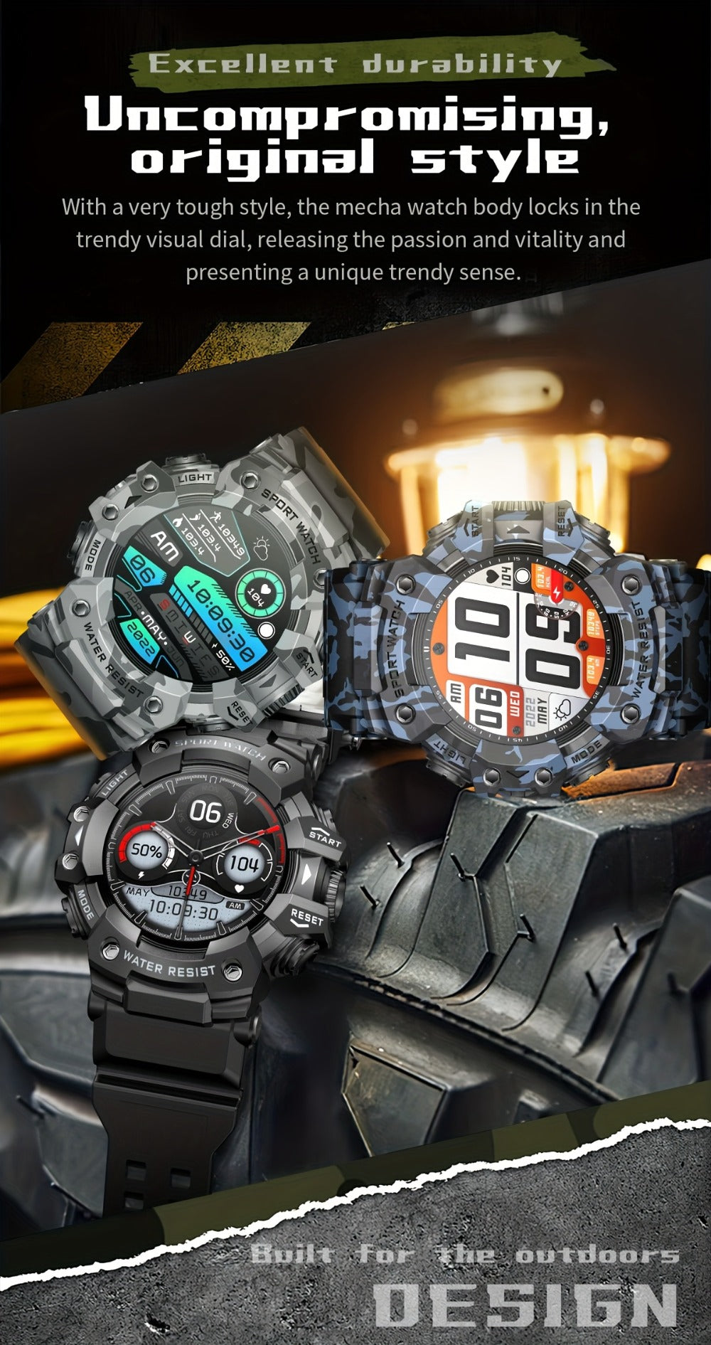 Tactical Smartwatch for Men, LED Flashlight & SOS Emergency, 1.32" TFT Screen, Bluetooth Calling, 100+ Sport Modes, Heart Rate SpO2 Sleep Tracker, Camouflage & Matte Colors – iPhone & Android Compatible