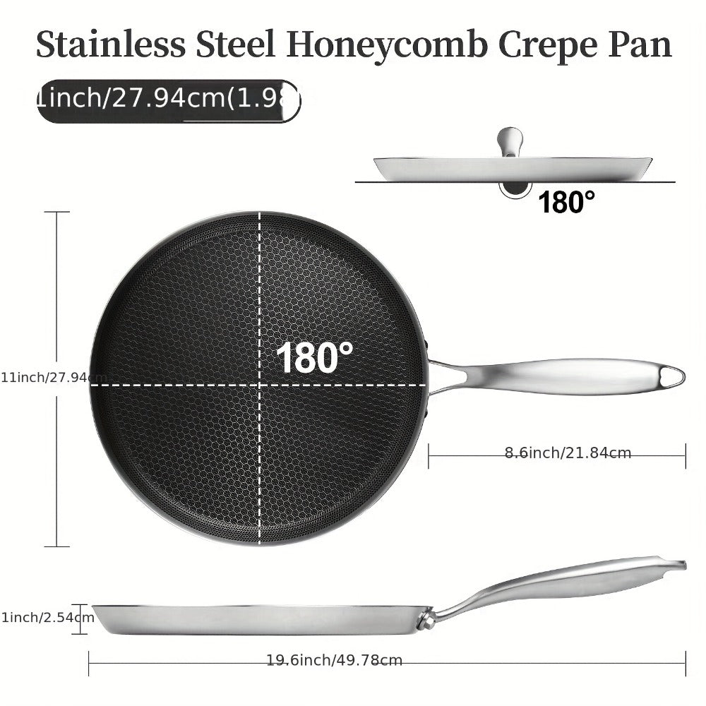 Stainless Steel Crepe Pan 11 Inch Dual Honeycomb Non-Stick PFOA-Free with Lid – Triply Steel Pancake Griddle for Tortillas | Induction Gas Electric Ceramic Compatible Home Camping BBQ Cookware