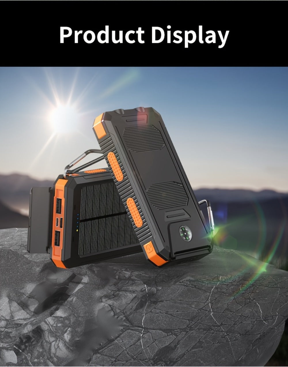 Solar Power Bank 20000mAh Portable Charger for Camping Hiking Outdoor Survival – Dual USB LED Flashlight Compass Emergency Battery Pack for iPhone Android – Black Orange