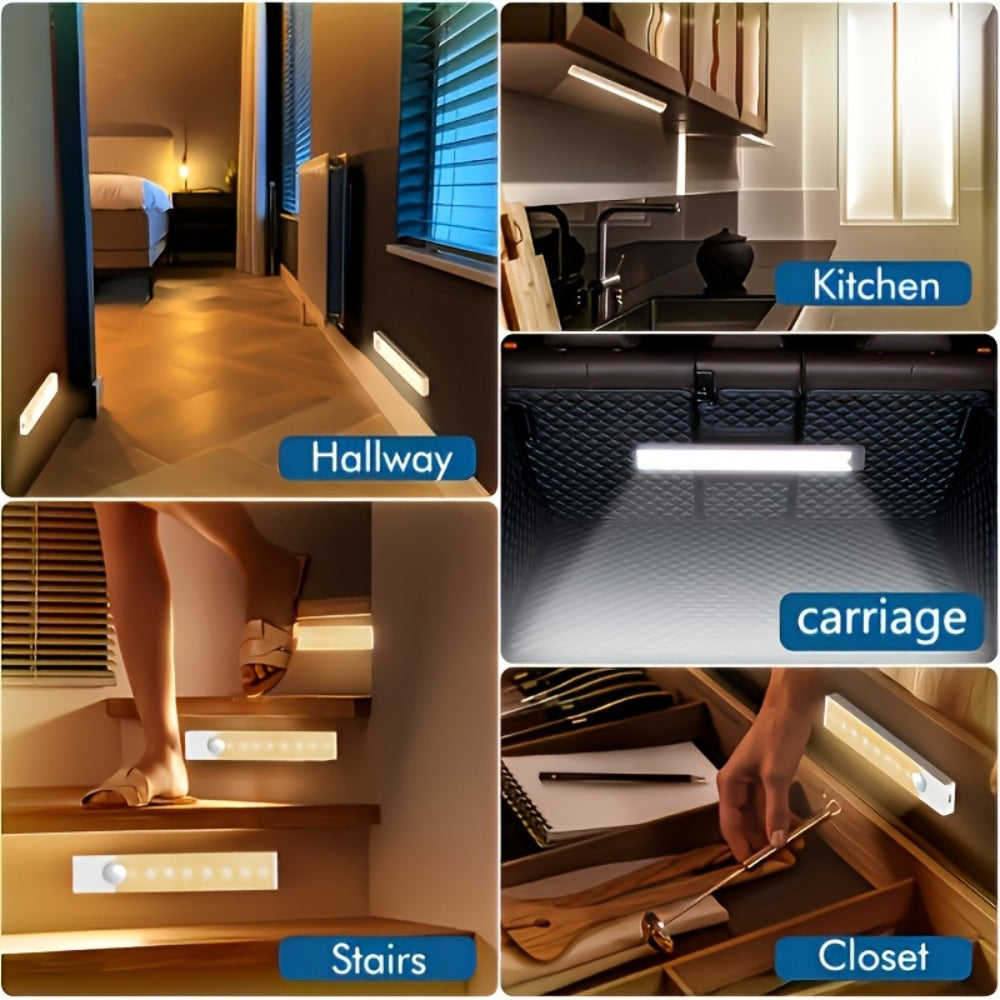 Rechargeable Motion Sensor LED Night Light 6 Pack - 400mAh USB, 3 Brightness Levels, Wireless Stick-On Bar for Cabinet, Stair, Bedroom, Kitchen & Hallway (3.94" / 7.87" / 11.8", 3 or 6 Pack)