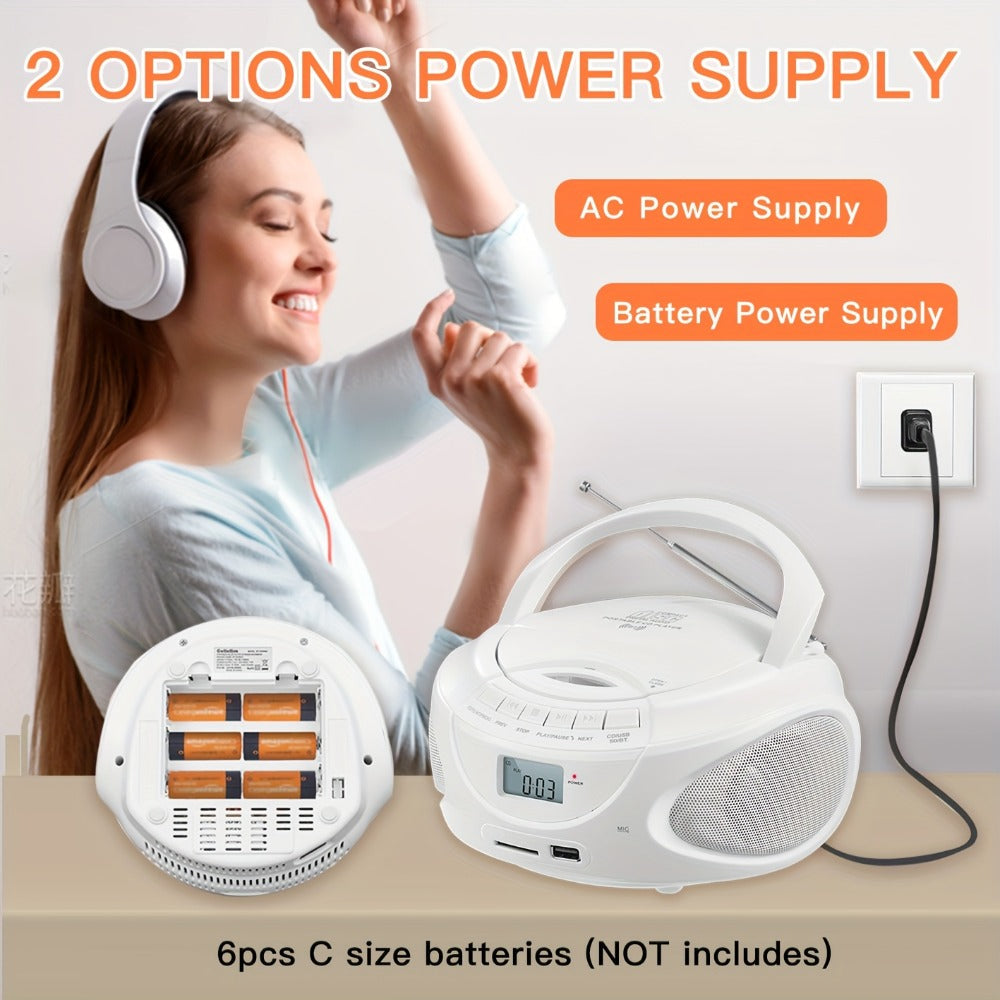Portable CD Player Boombox with AM FM Radio Dual Stereo Speakers, Aux Input USB TF Card MP3 Player, Earphone Jack, A-B Repeat, Plug & Play 120V, Multi-Function Home & Outdoor CD Boombox