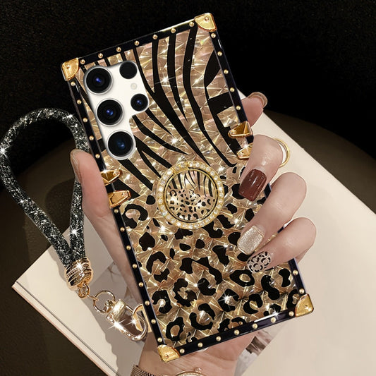 Leopard Print Samsung Galaxy Case Ring Holder Kickstand Anti-Drop Rectangular Cover for Galaxy S25 Ultra Plus S24 Ultra Plus FE S23 Ultra S22 Ultra S21 Ultra A56 A55 A54 A36 A35 A16 A15 A14 – Fashion Girly