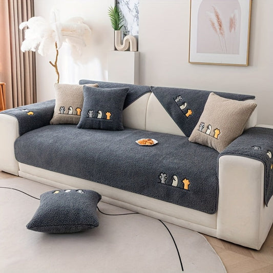 Sofa Covers in Thick Plush with Animal and Bone Embroidery, Multiple Options