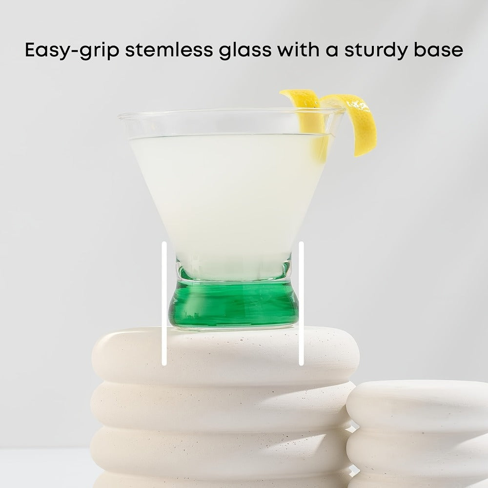 Stemless Martini Glasses Set of 6 – 8oz Colored Cocktail Glasses, Margarita Bar Dessert Glassware with Gradient Color Base, Espresso Martini Manhattan Party Glasses, Gift for Her