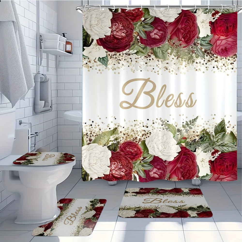 Rose Print Shower Curtain 4-Piece Bathroom Set – Toilet Lid Cover Mat Machine Washable with 12 Hooks Elegant Floral Decor