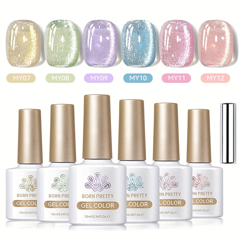 BORN PRETTY Cat Eye Gel Polish 6PCS Flowing Series Magnetic 10ml Alcohol Free Soak Off LED UV 30-Day Wear – Flowing Cat Eye Nail Art Gel Set for Salon & DIY Manicure, Nail Gift for Women