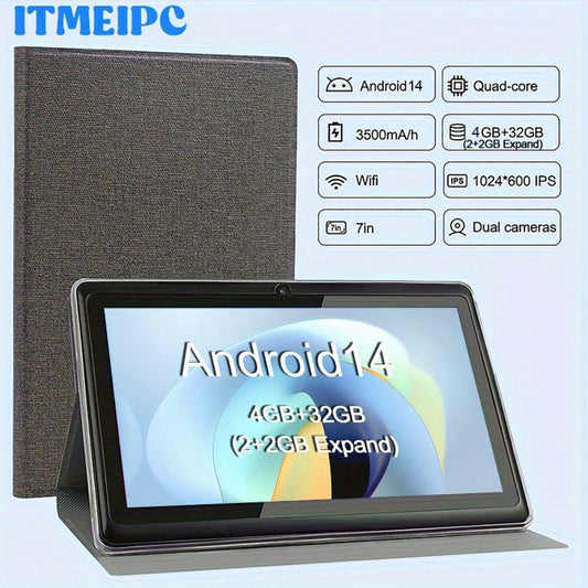 7 Inch Android 14 Tablet 4GB RAM 32GB Storage Quad-Core Cortex-A53 WiFi 6 3500mAh Battery Dual Cameras IPS Display Compact Portable Tablet PC for Kids Adults Students – Grey
