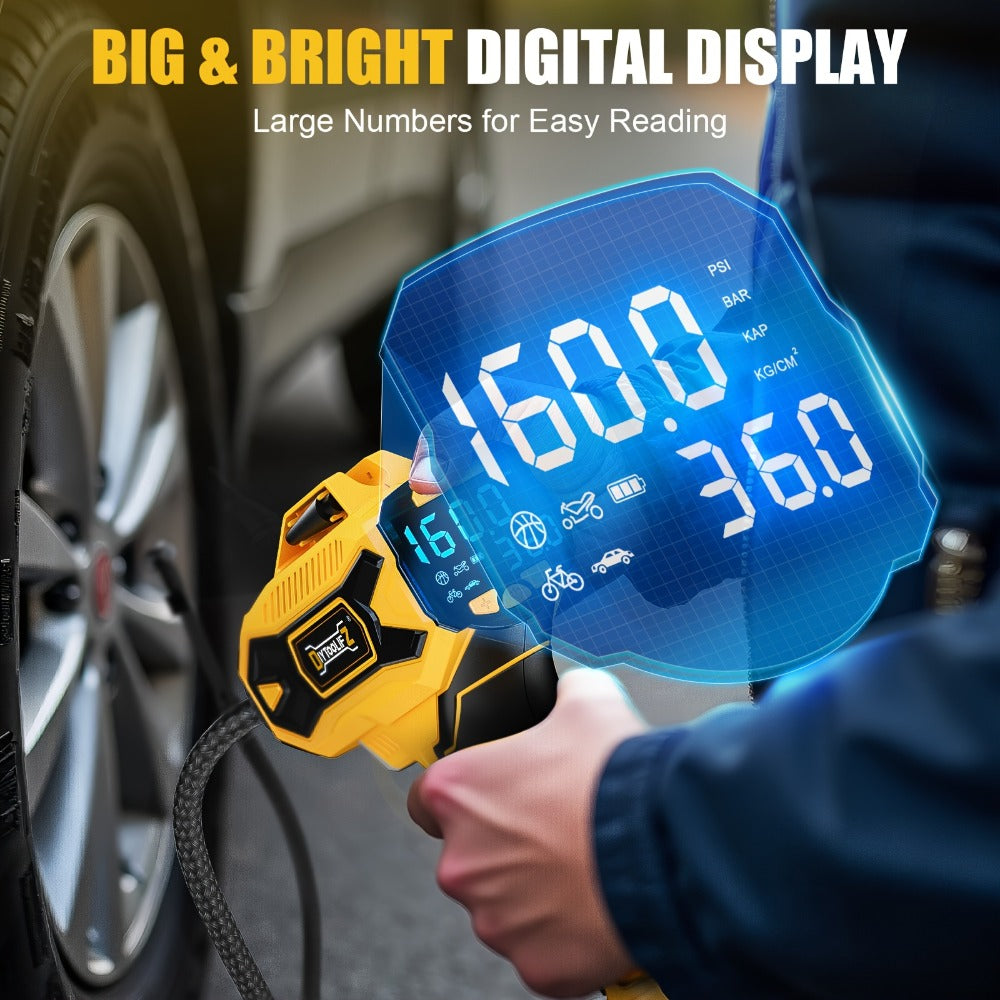 Cordless Tire Inflator 160PSI Portable Air Compressor Compatible with DeWalt 20V / 18V Battery – Digital Pressure Gauge, Fast Inflation for Cars, Motorcycles, Bicycles & Sports Balls (Battery Not Included)