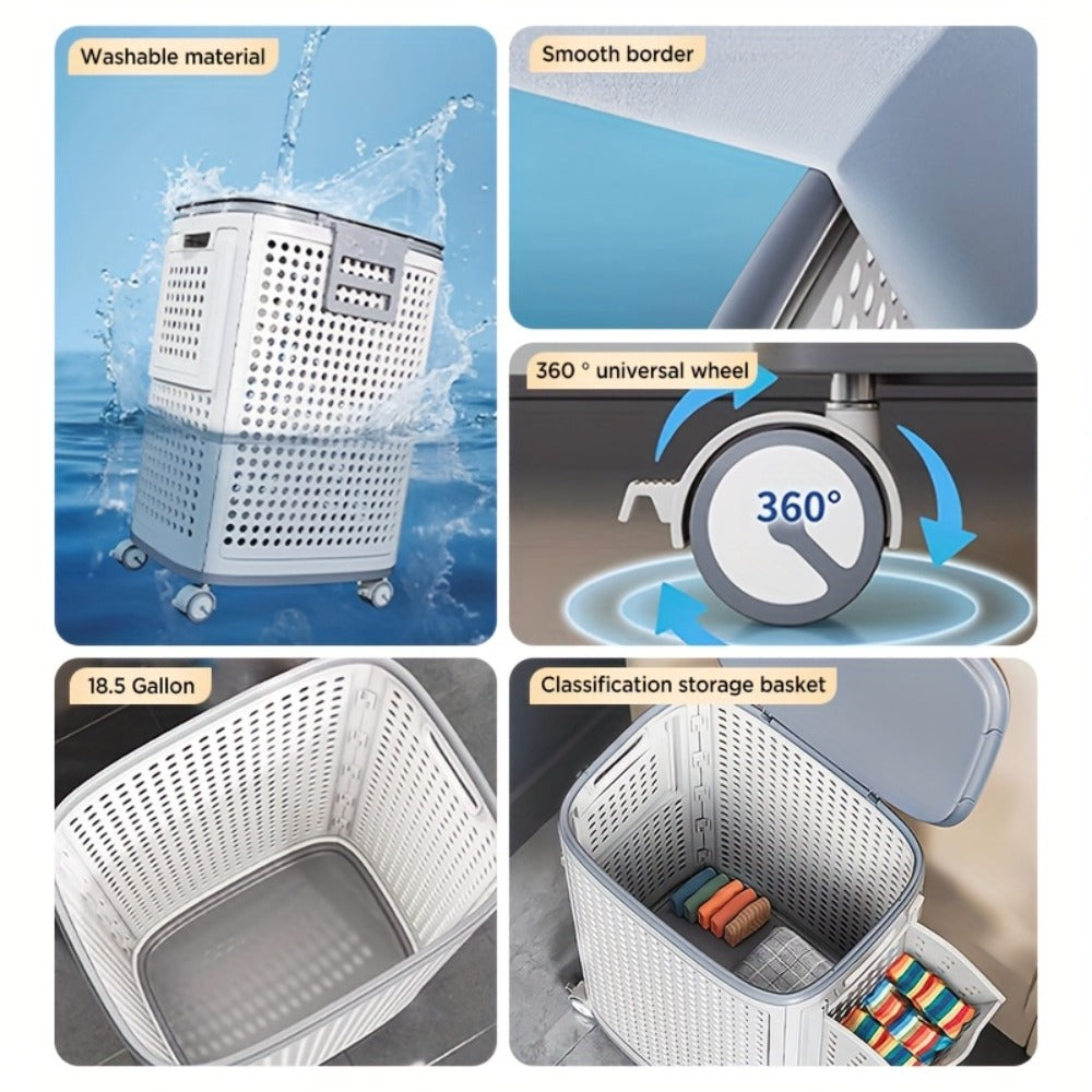 Wheeled Laundry Hamper Large Foldable with Dividers & Dust-Proof Lid – 360° Breathable Mesh Basket on Wheels, Reinforced Steel Base, Portable Clothes Organizer for Bedroom, Bathroom & Dorm