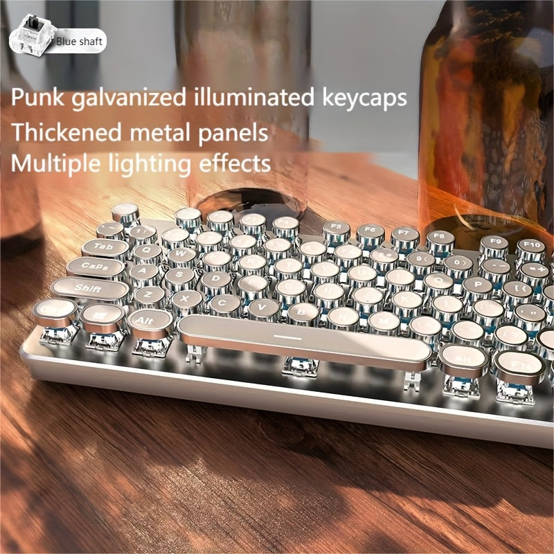 Cyberpunk Retro Typewriter Mechanical Keyboard 104 Keys Full-Size with Multi-Function Knob Backlit Round Keys Ergonomic Spill-Proof USB Wired for Desktop Laptop Windows Mac Gaming Typing