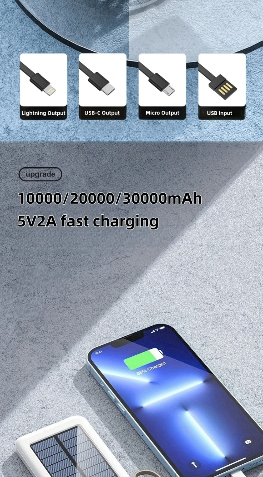 Solar Power Bank with Built-in 4 Cables LED Flashlight 15W Fast Charging Digital Display Dual USB USB-C Portable Charger 10000mAh 20000mAh 30000mAh for iPhone Android Camping Hiking