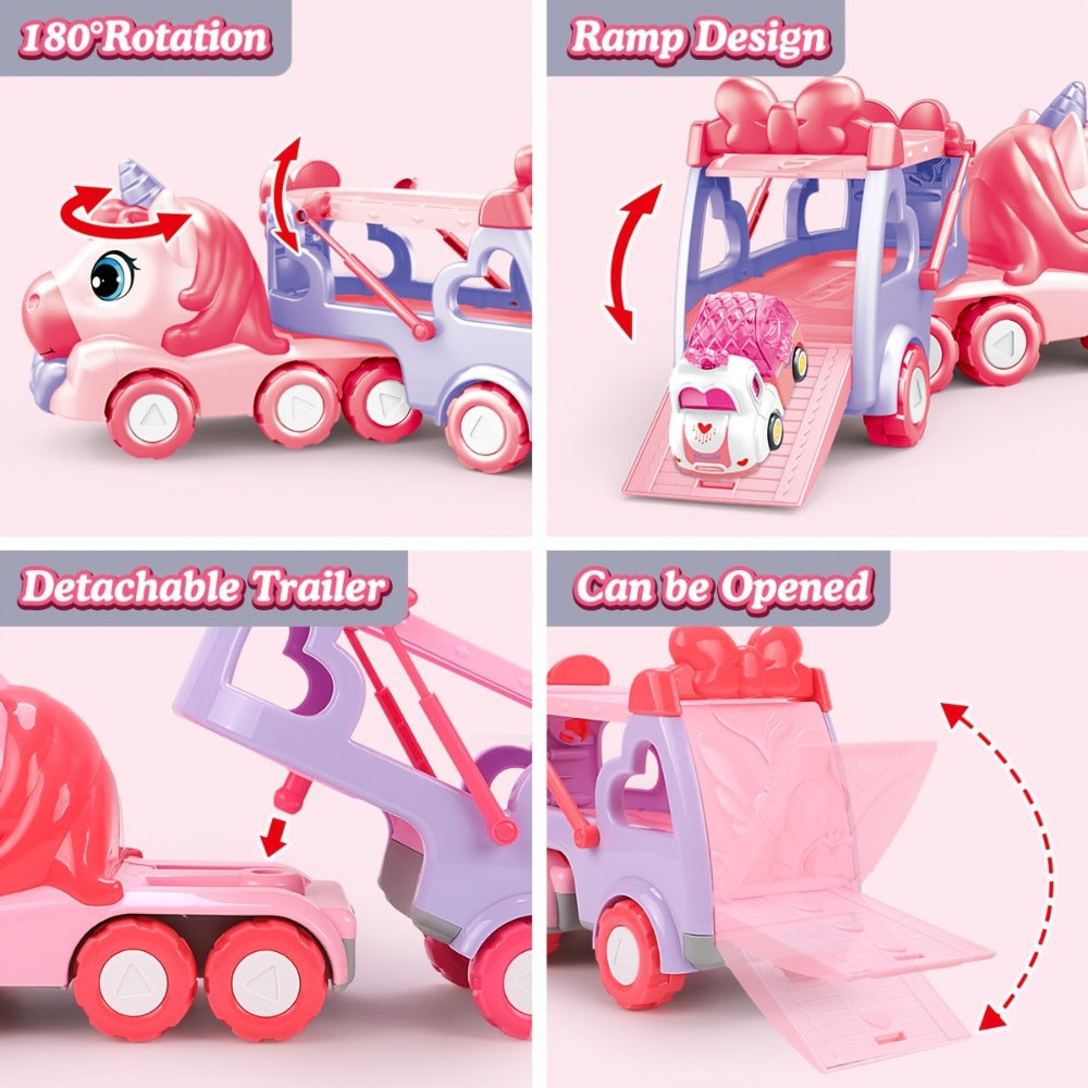 Pink Toy Car Carrier Truck with 4 Mini Cars, Music and Lights
