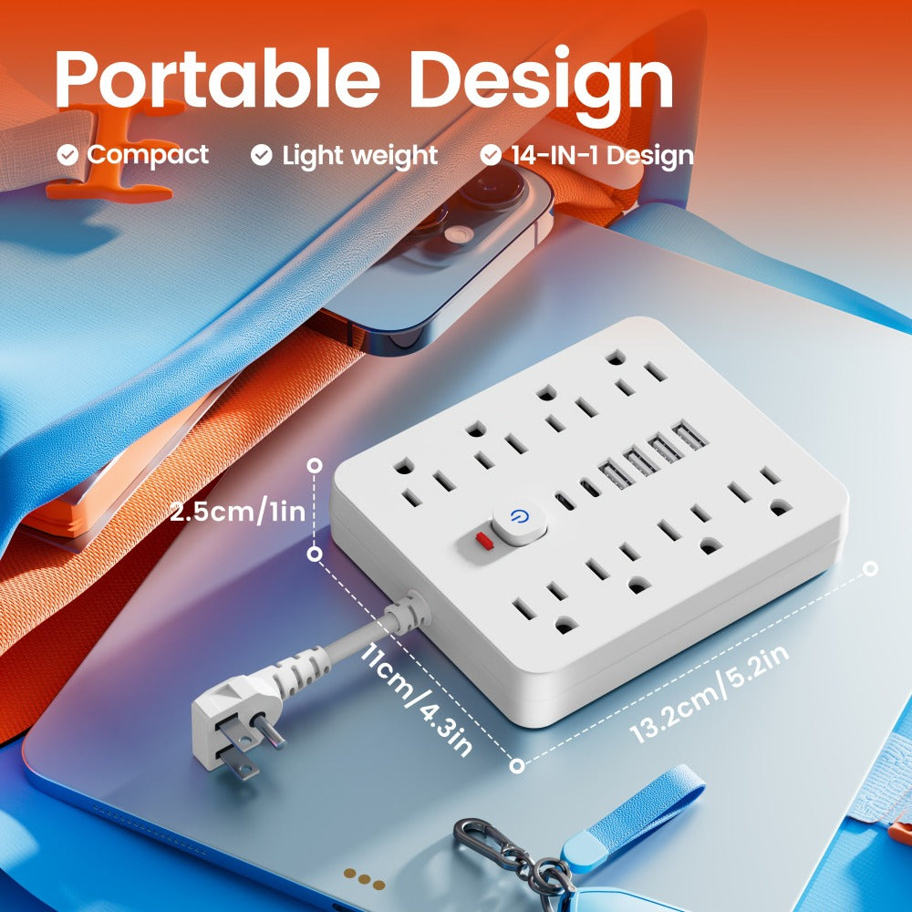 14-in-1 Power Strip with Surge Protector – 8 AC Outlets & 6 USB Ports (2 USB-C), Flat Plug Space-Saving Design, Overload Protection for Home Office School, Available in Black & White