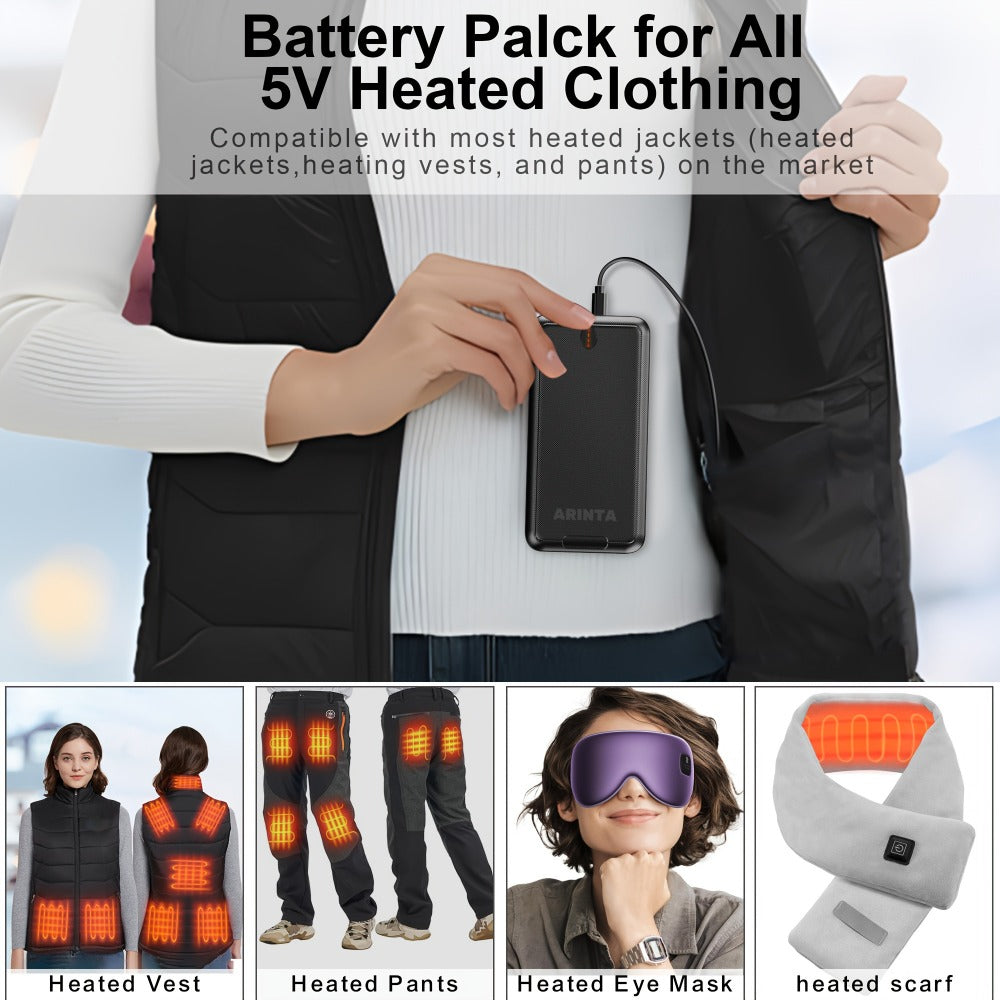 USB-C 5V Heated Vest Battery Pack 10000mAh 5V 2A Portable Power Bank for Heated Jacket Heated Gloves Smartphone Tablet Smartwatch Outdoor Winter Camping Hiking Skiing Travel