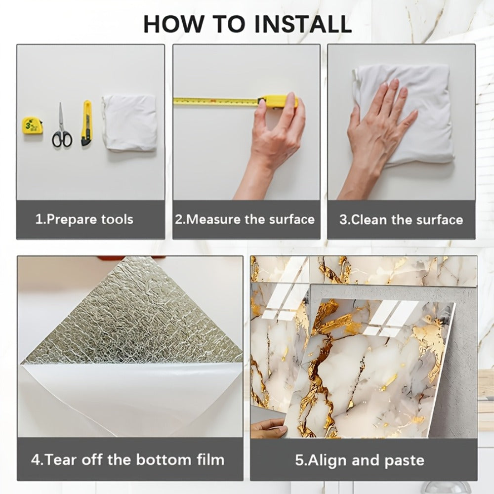 Self-Adhesive Marble Tile Stickers 11.8x11.8in Peel and Stick Wall Tiles for Bathroom Kitchen Backsplash – Waterproof 3D Glossy Imitation Marble Wall Panel, Easy to Install, 50 or 100 Pack