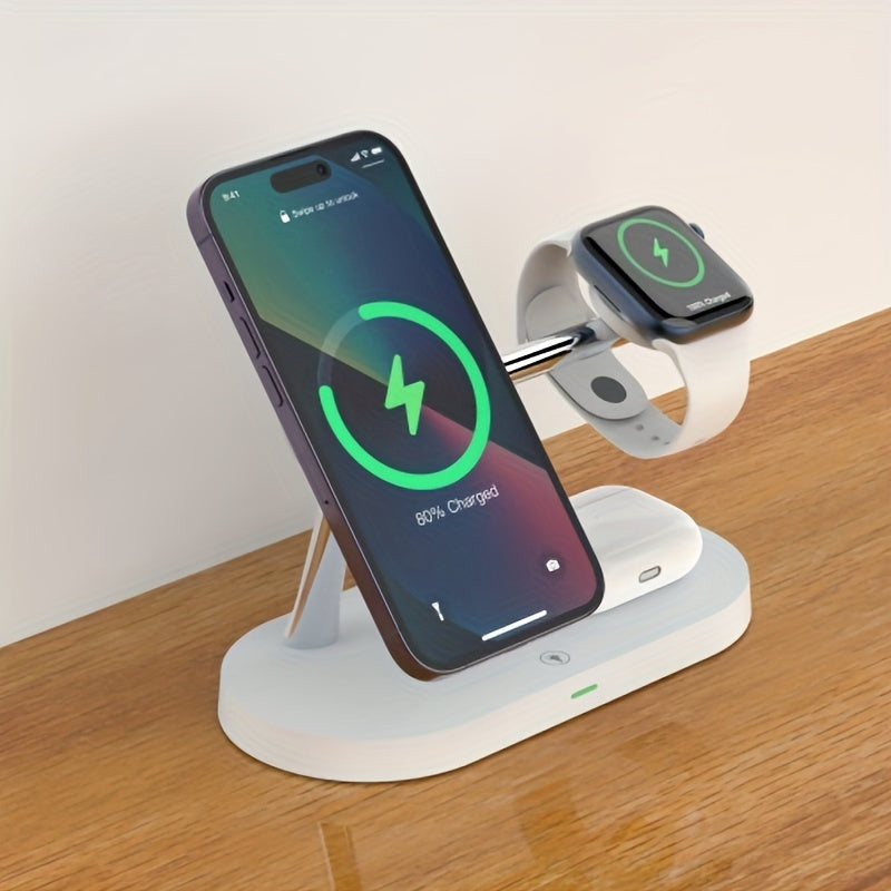 Wireless Charging Station 3-in-1 QC3.0 Adapter Included Magnetic Fast Charger Stand for iPhone 15 14 13 12 11 Pro Max Mini XR XS X SE 8, Apple Watch Series 1-9 Ultra, AirPods 4 3 2 Pro – White Black