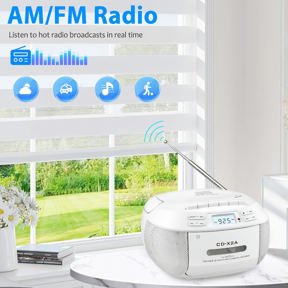 CD Cassette Player Boombox Combo with AM/FM Radio, Remote Control, LCD Display, AUX USB Earphone Jack, AC & Battery Operated, Stereo Sound Home Audio System for Seniors Adults