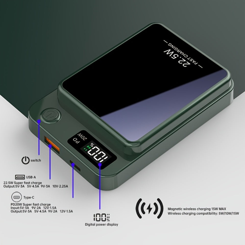 15W Wireless 22.5W Fast Charge Magnetic Power Bank 10000mAh 15000mAh, MagSafe Compatible Portable Charger USB-C LED Display Slim Lithium Polymer Battery for iPhone Android Samsung – Cable-Free Charging