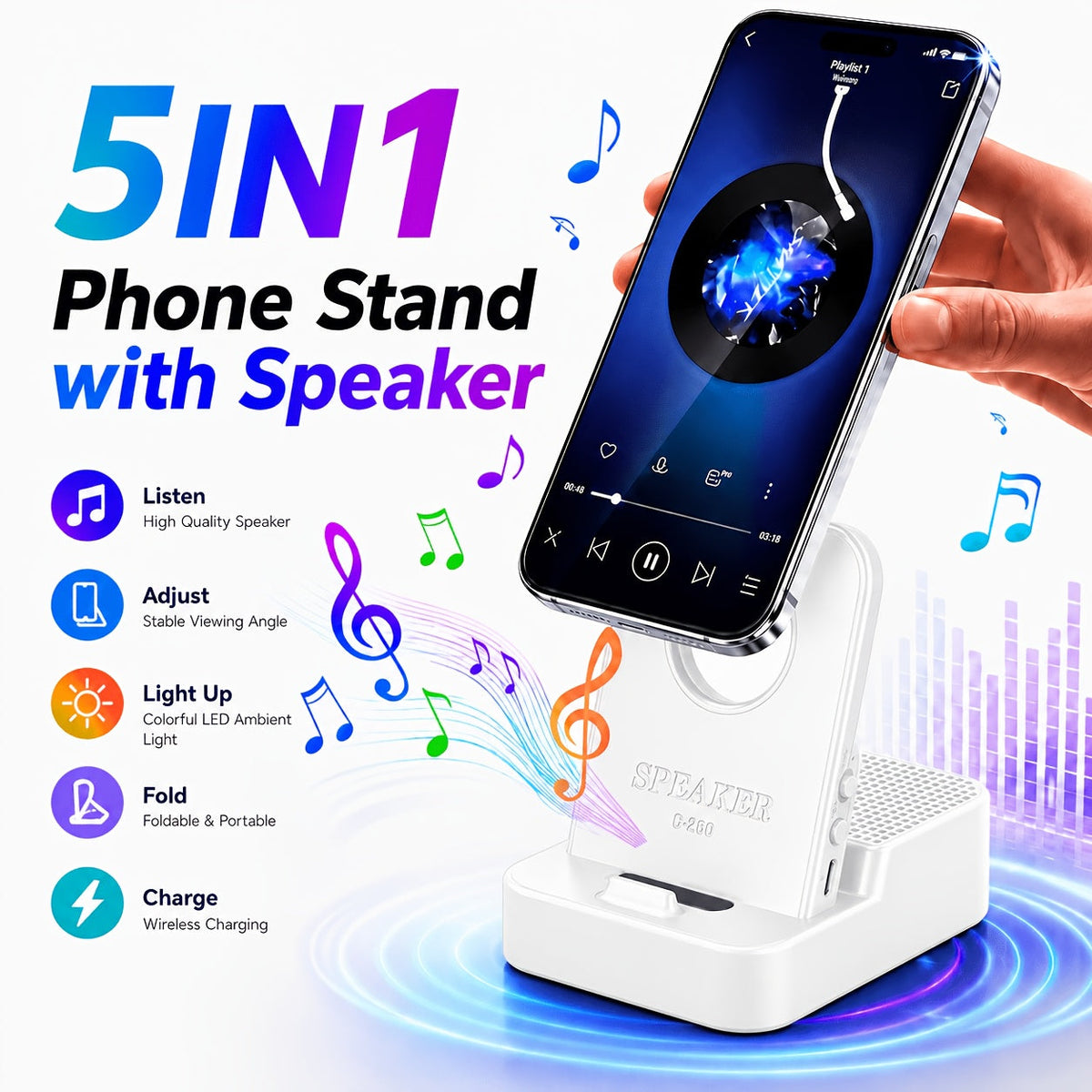 Magnetic Wireless Speaker Stand with Emergency Charging – 360° Adjustable Foldable Phone Holder, Portable Bluetooth Speaker, Compatible with iPhone & Android, for Home, Travel & Office