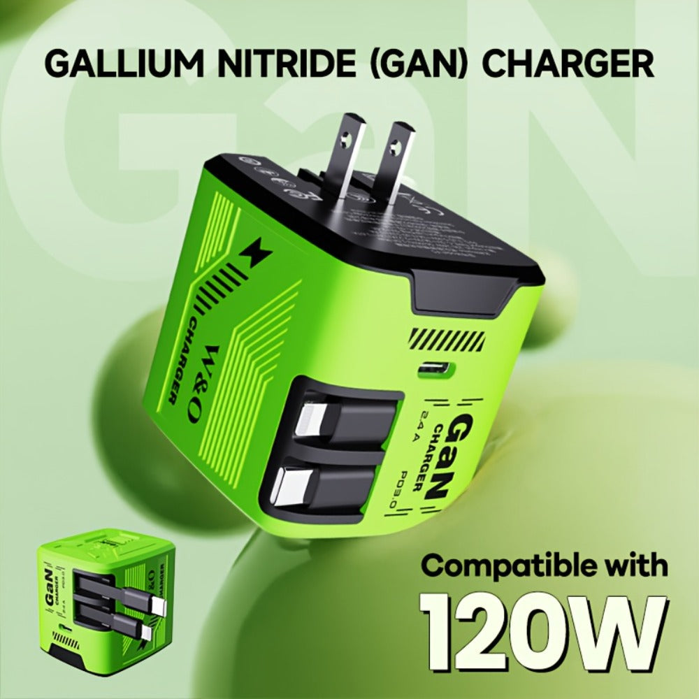 GaN Charger 120W with Lightning & Type-C Retractable Cables 47in, Foldable Plug USB-C Wall Adapter – With or Without Cable Option for iPhone 17 16 15 Pro Max, Samsung Galaxy S25 S24, Android Devices