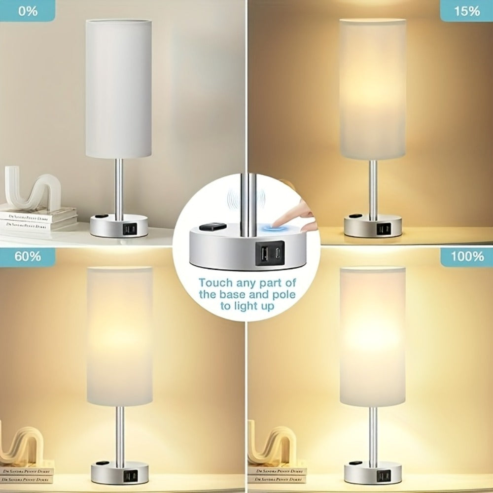 Bedside Table Lamp with USB-C Charging Port – 3-Way Dimmable Touch Lamp, Wood Base Round Burlap Shade, Small Nightstand Desk Light with AC Outlet & A19 LED Bulb Included for Bedroom Living Room Office