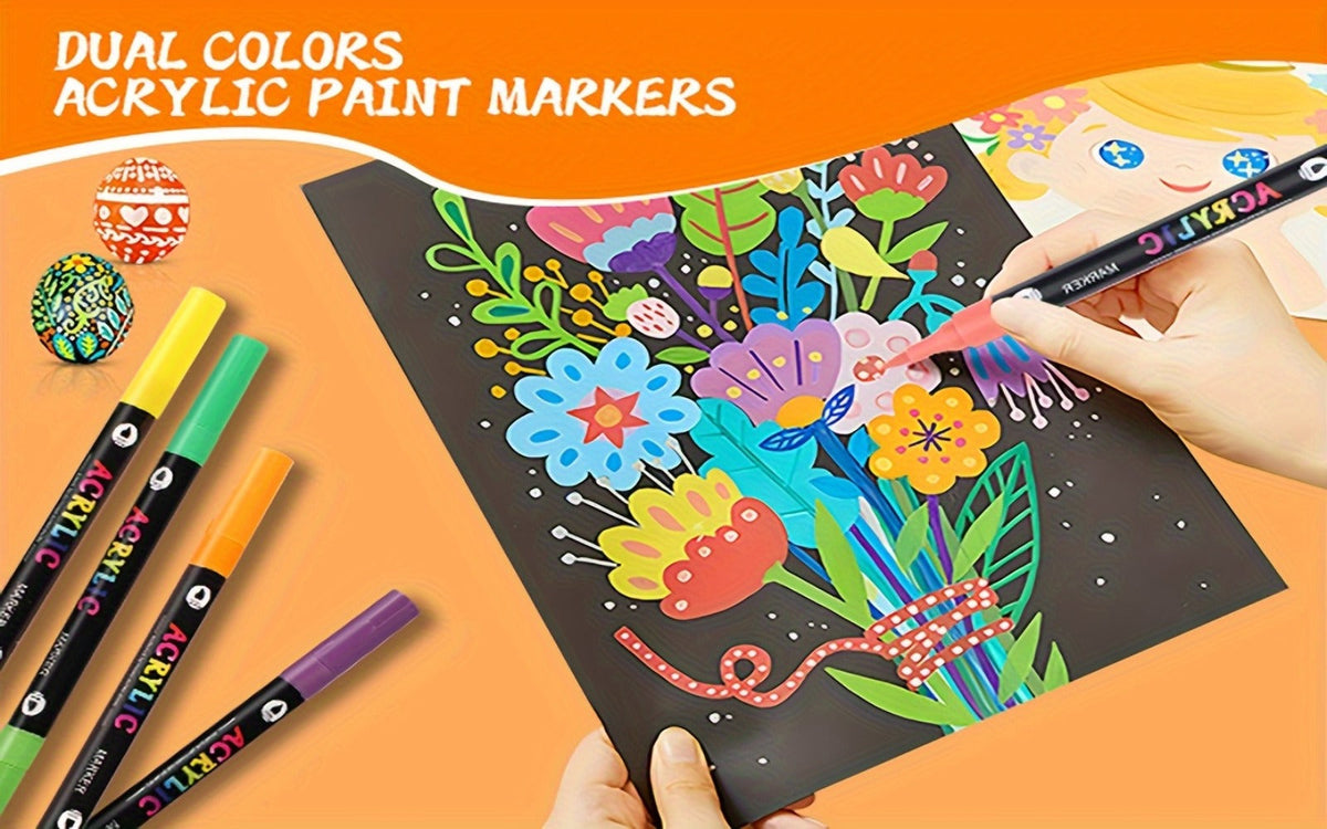 Double-Ended Acrylic Paint Pens 48 72 Colors Bulk Pack – Waterproof Dual Tip Markers for Rock Painting Fabric Metal Glass Wood Canvas Ceramics Eggs Pumpkins Artist Crafter Gift