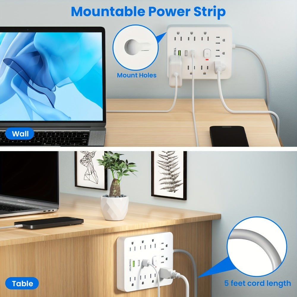 45° Tilt Plug Power Strip 12-in-1 Surge Protector with 9 AC Outlets & 3 USB Ports, 10ft Long Extension Cord, Advanced Overload Protection for Home, Office & High-Power Devices