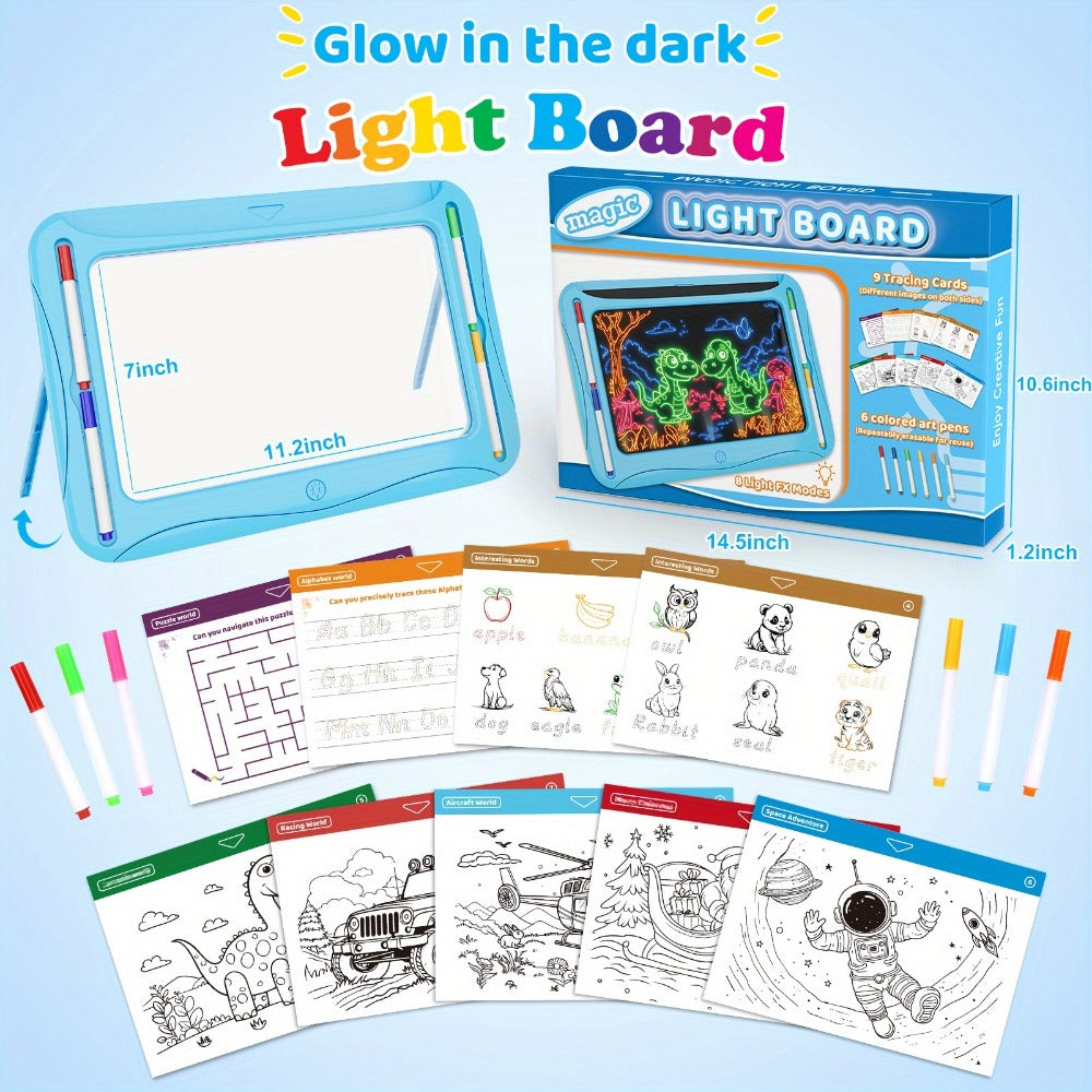 LED Light Up Drawing Board for Kids with 9 Double-Sided Tracing Cards & 6 Markers – Travel Doodle Board, 6 Colors