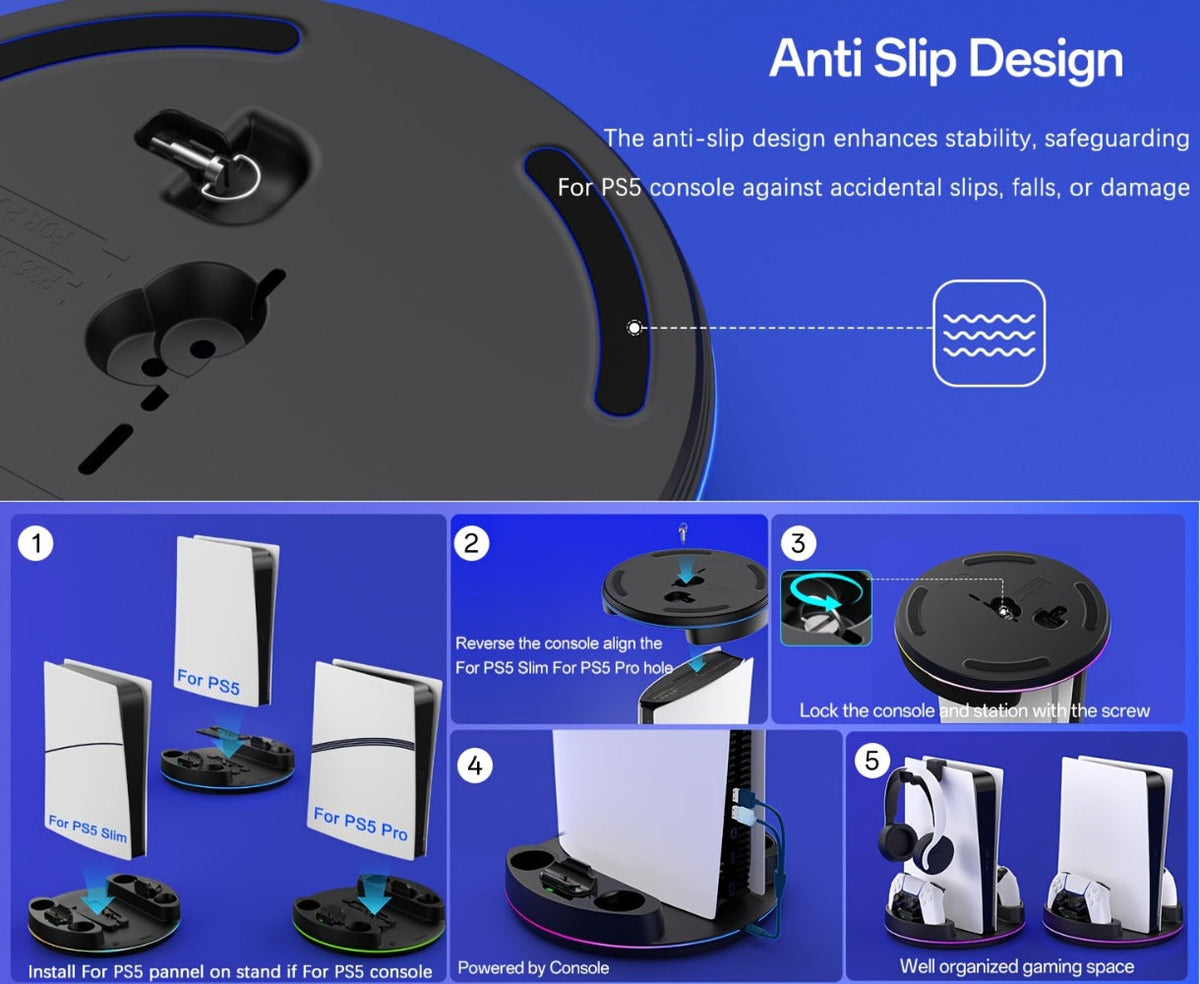 PS5 Charging Station with RGB Light Stand for PS5 Slim PS5 Pro - Fast Dual Controller Charger Compatible with All PlayStation 5 Console Models