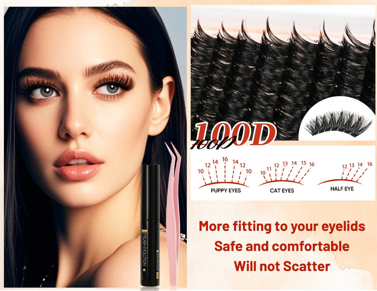 100D Volume Cluster Lashes DIY Individual Lash Extension Kit – Soft Reusable Single Clusters for Full Thick Dramatic Lash Look, Beginner & Pro Friendly Home Salon Use