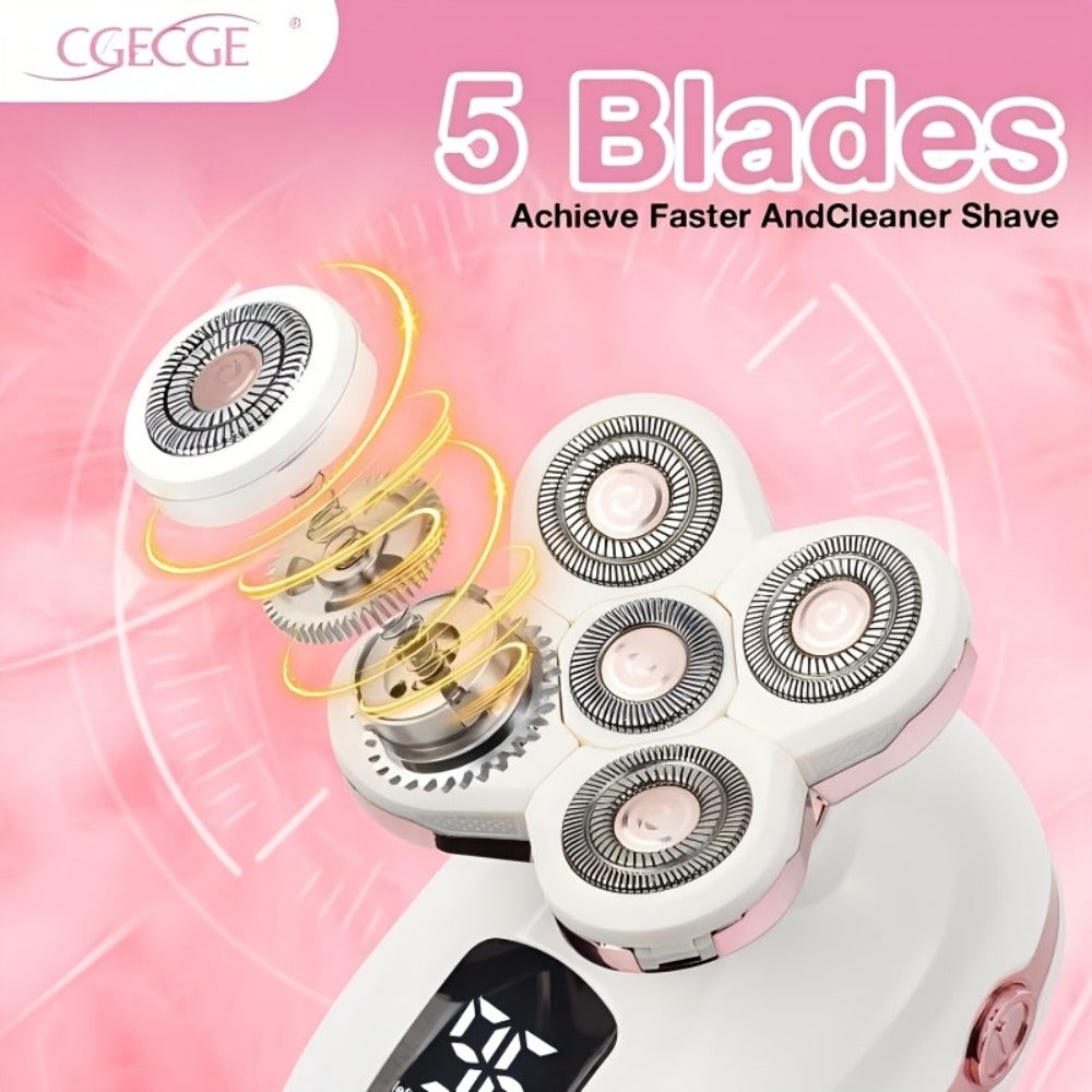 5-in-1 Electric Shaver for Men and Women IPX6 Waterproof — USB Rechargeable Body Hair Trimmer Grooming Kit with Interchangeable Heads for Bald Head, Hair, Nose, Sideburn & Facial Cleansing (Pink/Blue/Black)