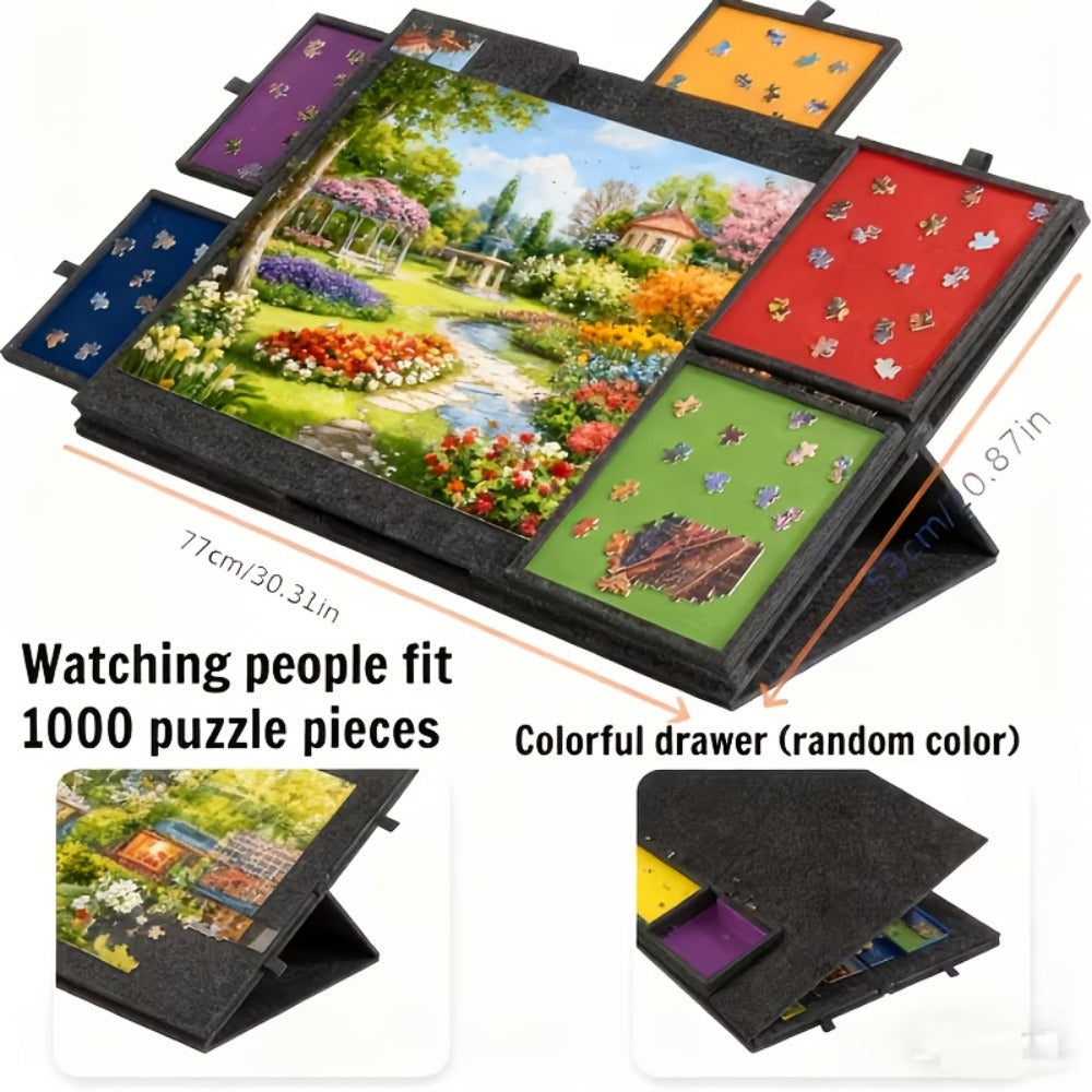 Jigsaw Puzzle Board with 6 Colored Drawers, Dark Gray 1000-Piece Storage Style