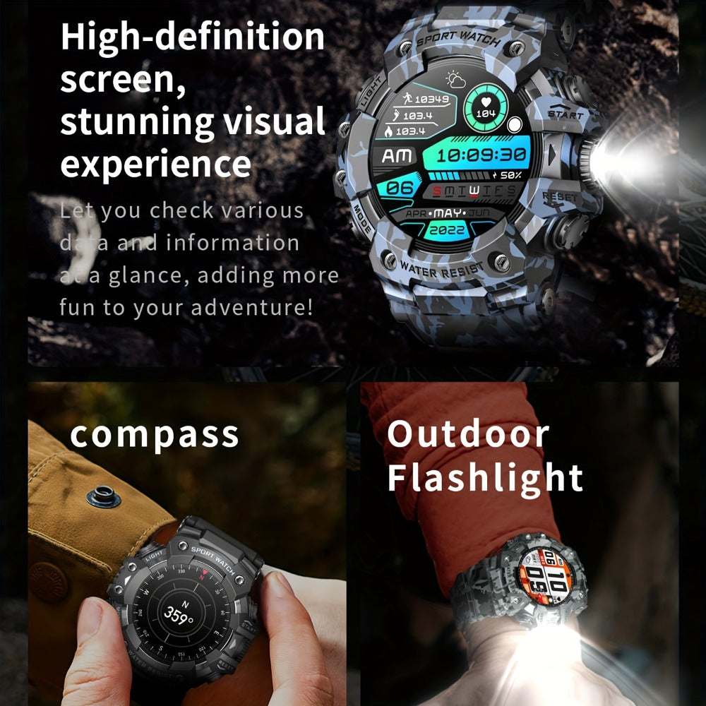 Tactical Smartwatch for Men, LED Flashlight & SOS Emergency, 1.32" TFT Screen, Bluetooth Calling, 100+ Sport Modes, Heart Rate SpO2 Sleep Tracker, Camouflage & Matte Colors – iPhone & Android Compatible