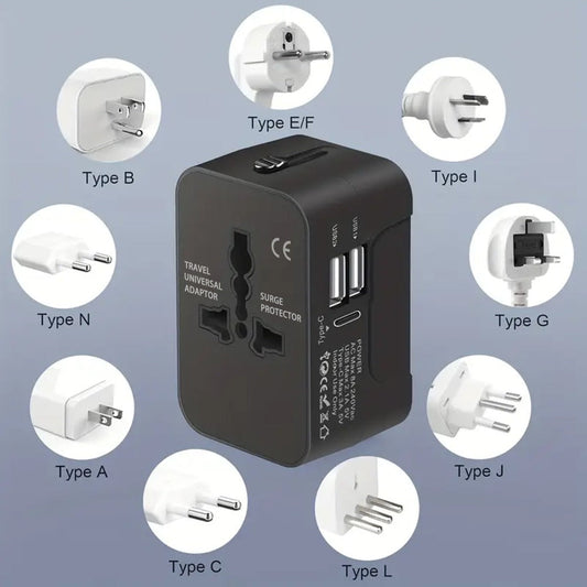Travel Plug Adapter with 2 USB-A Ports and USB-C, White or Black, 1 or 2 Pieces