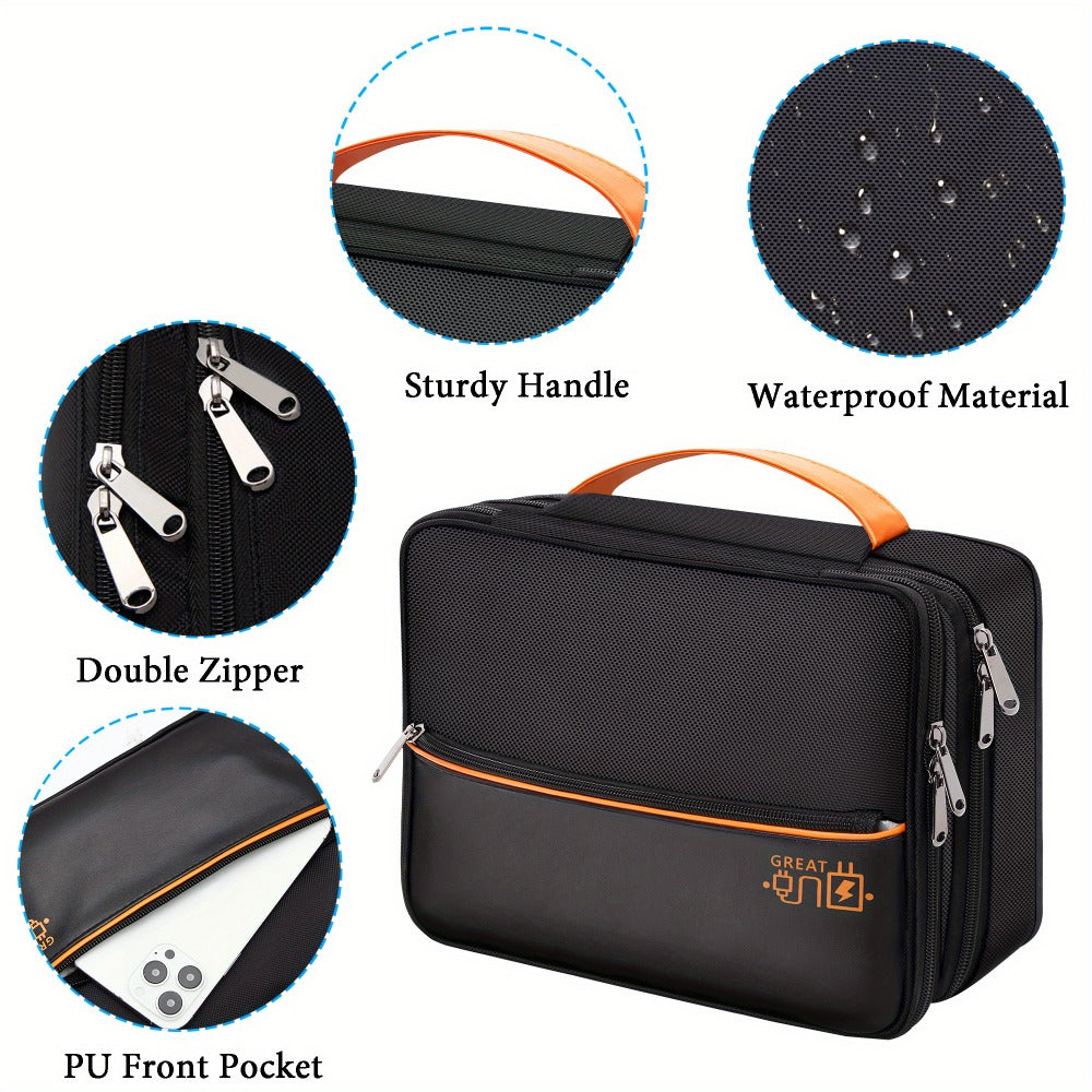 Cable Organizer Bag for Travel Double Layer – Water-Resistant Electronics Case with Removable Dividers | Cables, Chargers, Power Bank & Tablet, Grey & Black