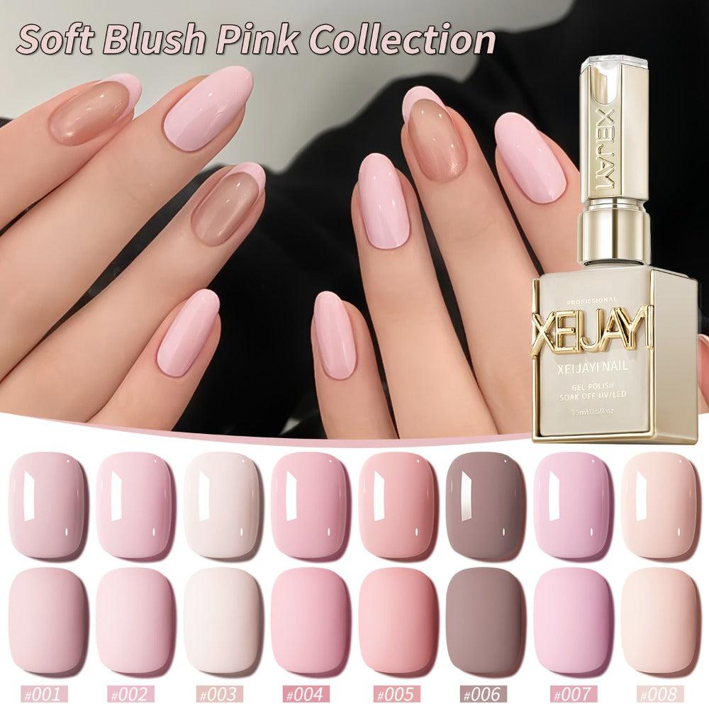 Gel Nail Polish Set 8 Colors Semi-Permanent Soak-Off LED Cure Long-Lasting Manicure Kit - 0.51oz Each Bottle Gentle Pink Shades 001-008 DIY Home Salon Nail Art Gift for Women