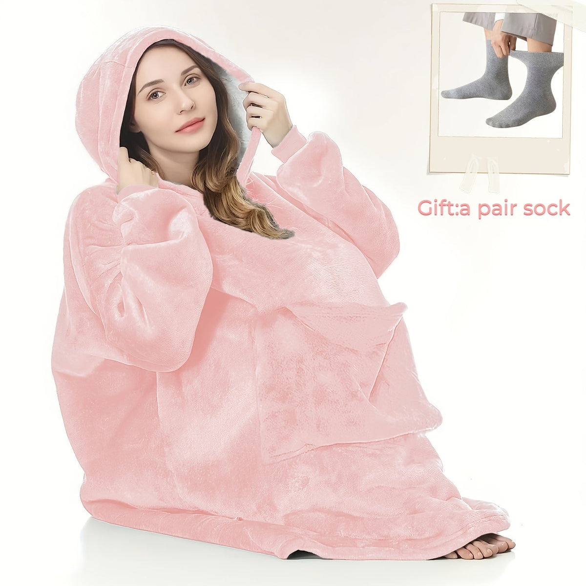 Wearable Hooded Blanket – Reversible Oversized Sherpa Throw with Kangaroo Pocket & Socks, Machine Washable, Christmas Gift, 4 Styles